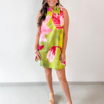 Lime Printed Ruffled Neck Dress