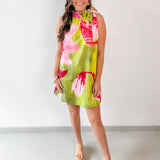 Lime Printed Ruffled Neck Dress