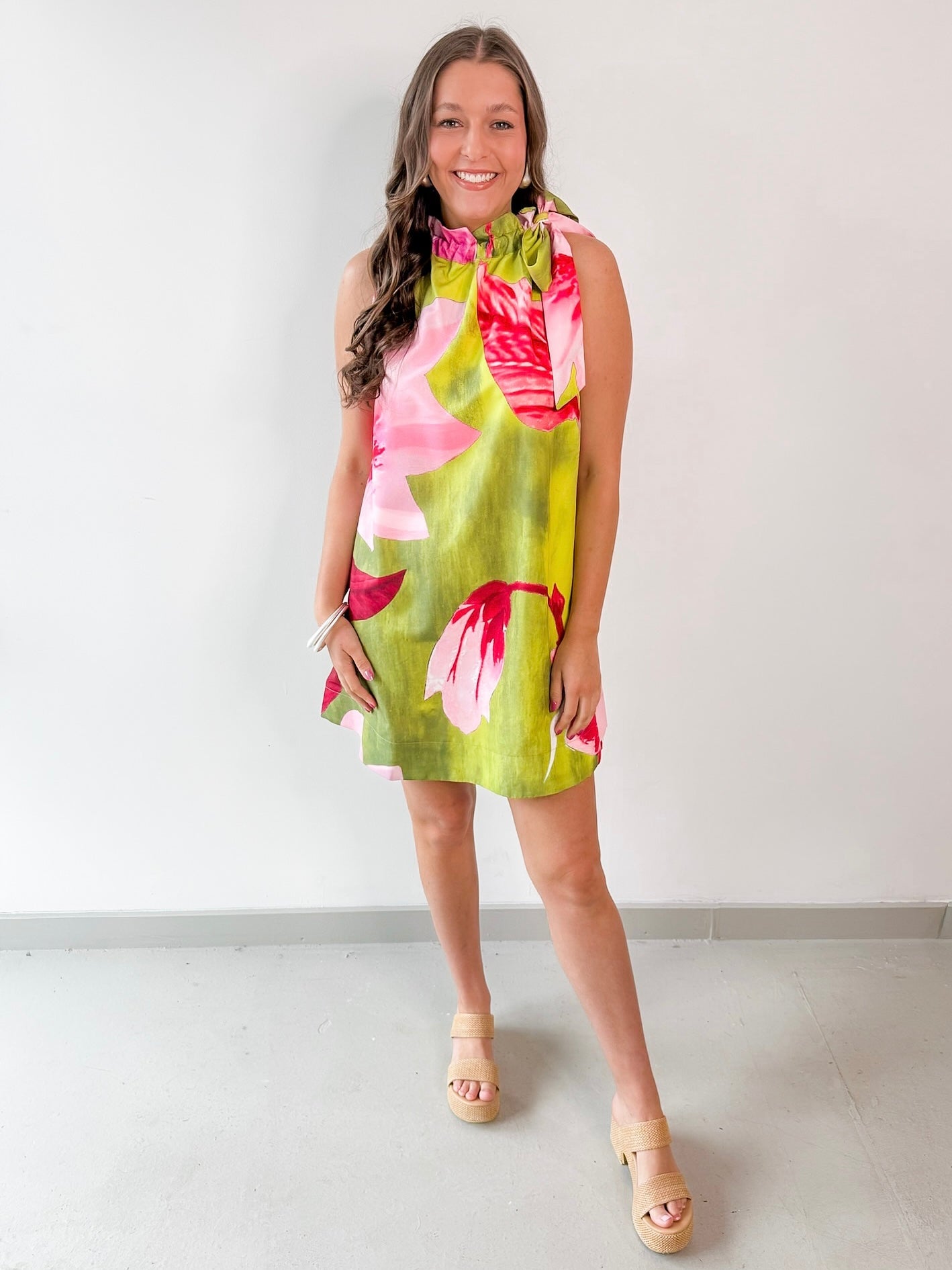 Lime Printed Ruffled Neck Dress