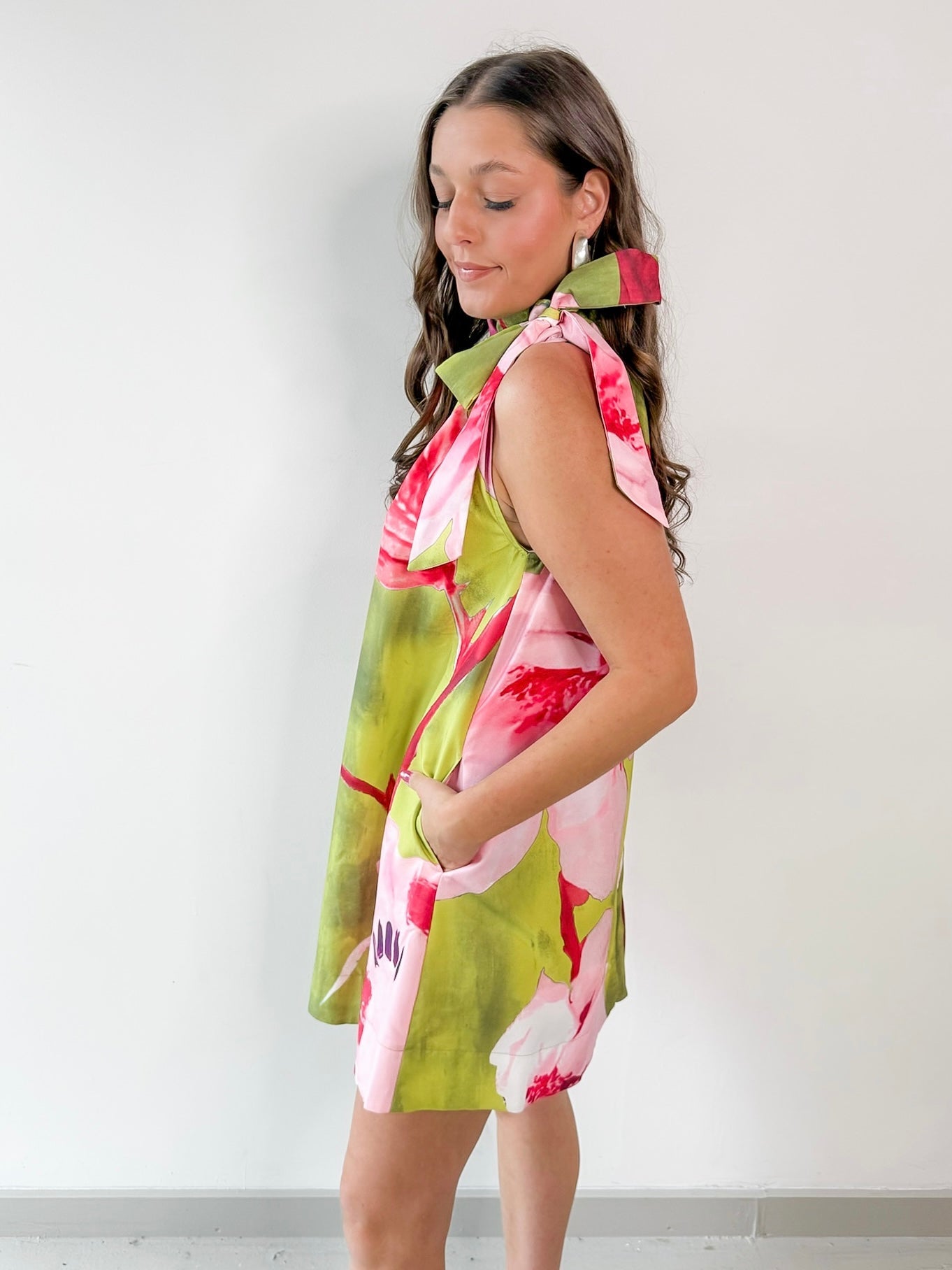 Lime Printed Ruffled Neck Dress