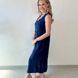 Linen Button Shirt Dress - Navy