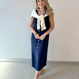 Linen Button Shirt Dress - Navy