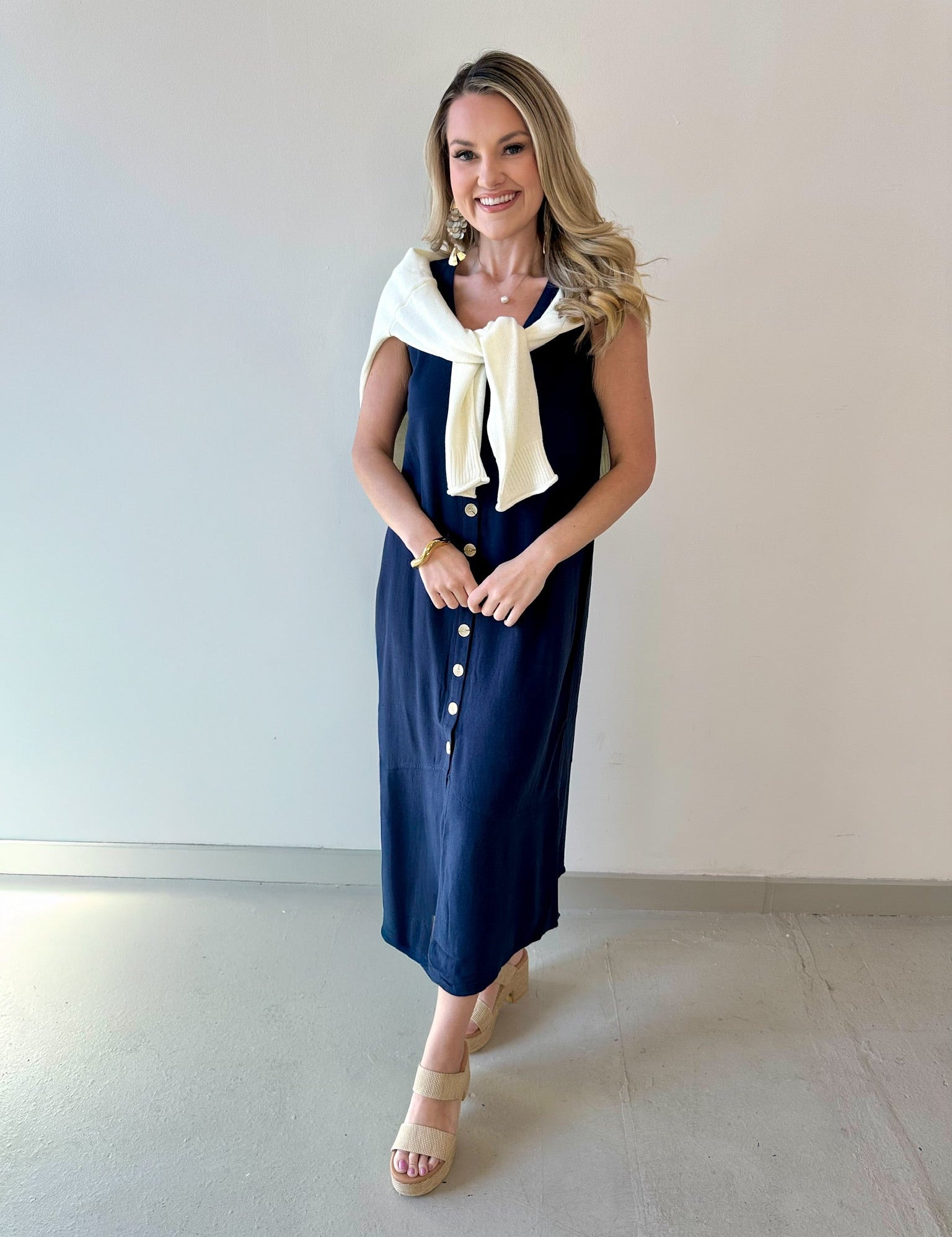 Linen Button Shirt Dress - Navy