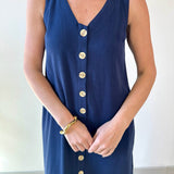Linen Button Shirt Dress - Navy