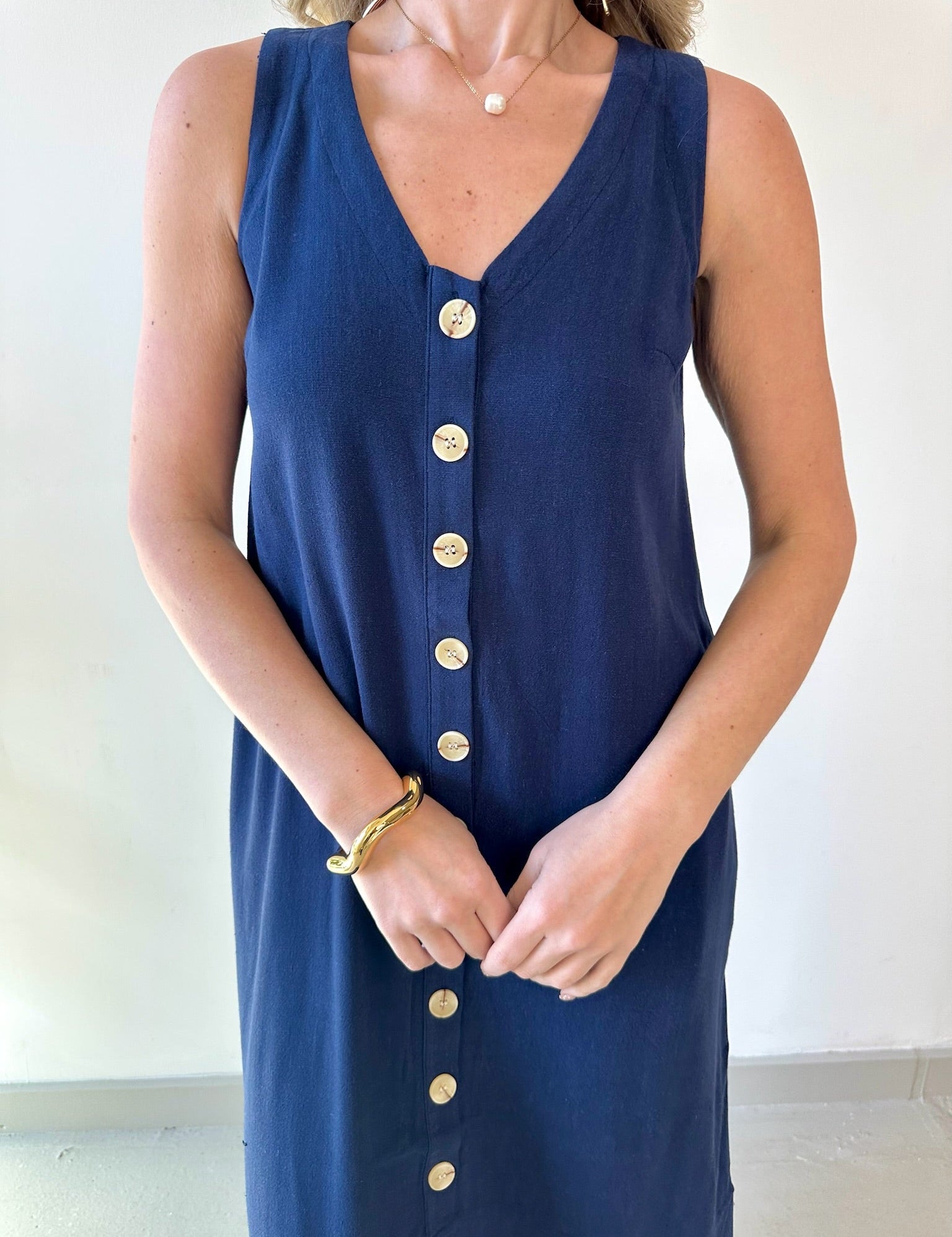 Linen Button Shirt Dress - Navy