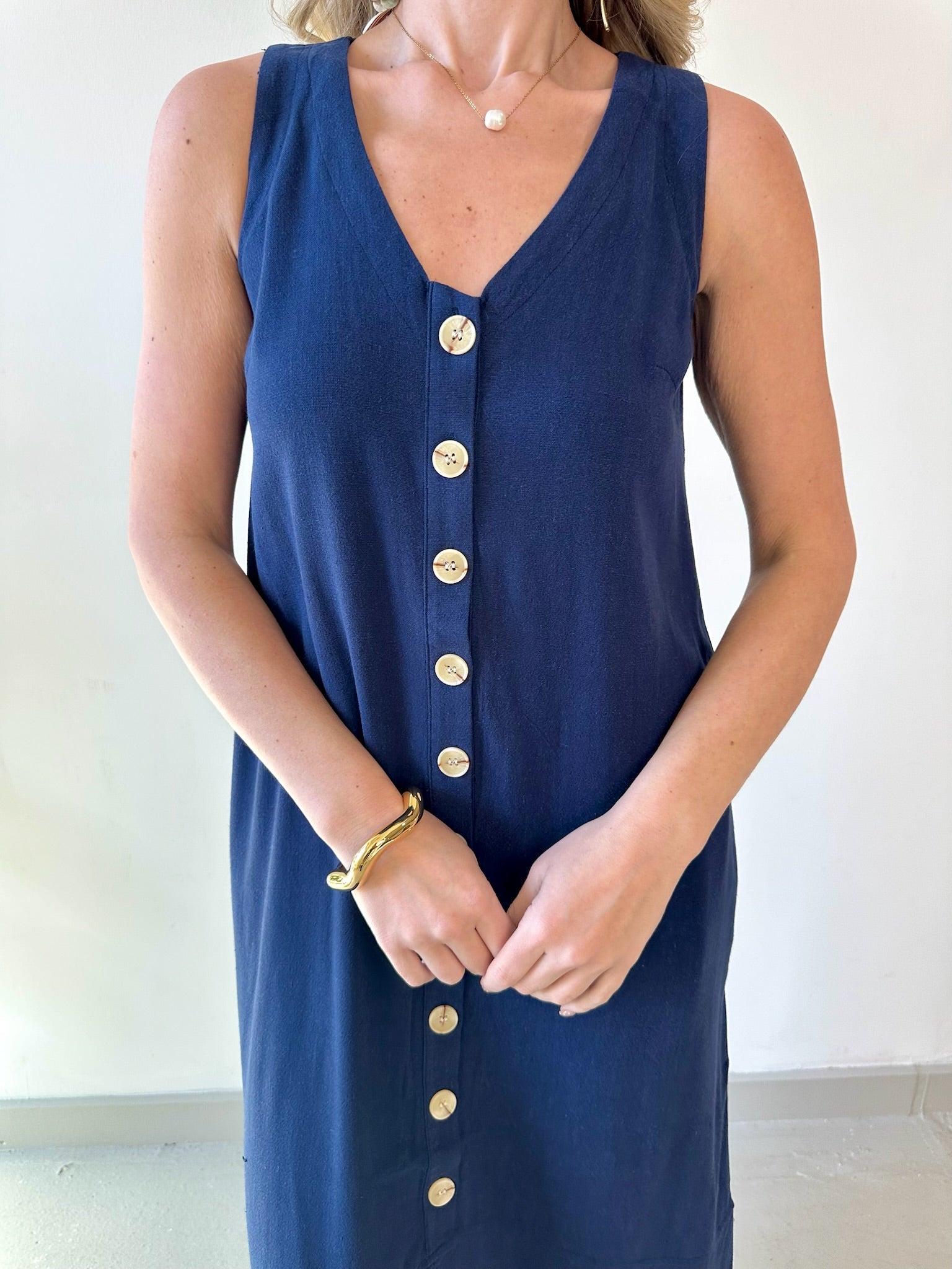 Linen Button Shirt Dress - Navy