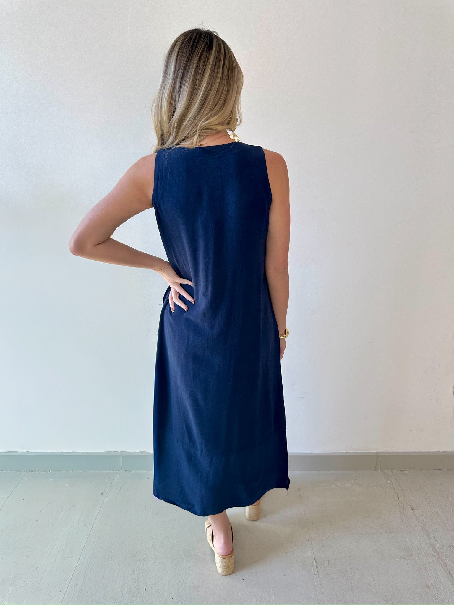 Linen Button Shirt Dress - Navy