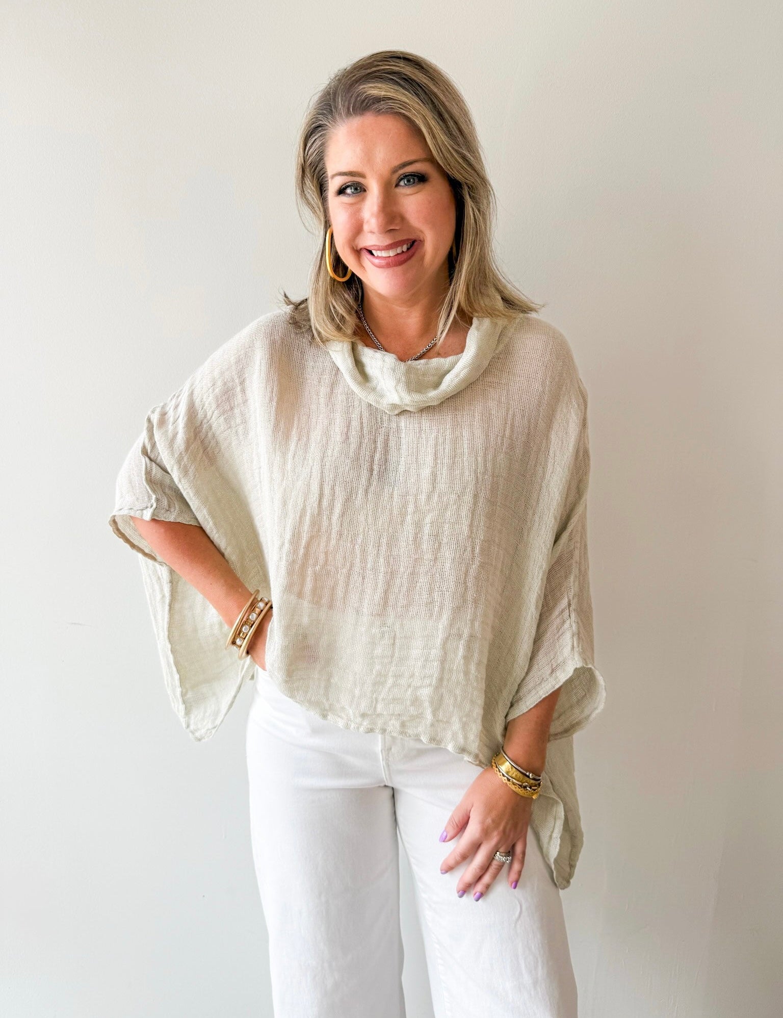 Linen Cowl Neck Knit Poncho - Beige