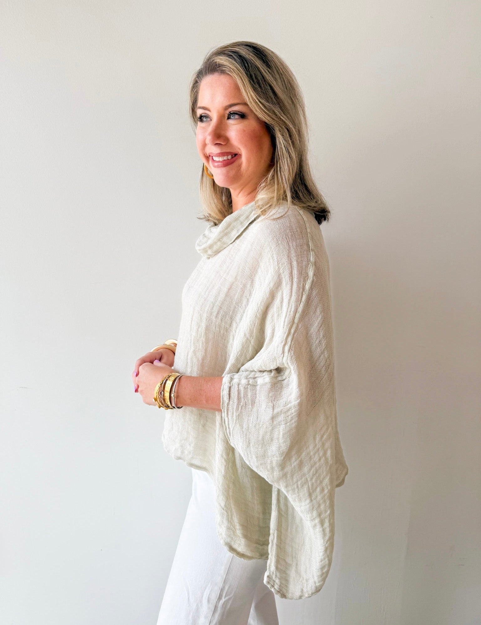 Linen Cowl Neck Knit Poncho - Beige