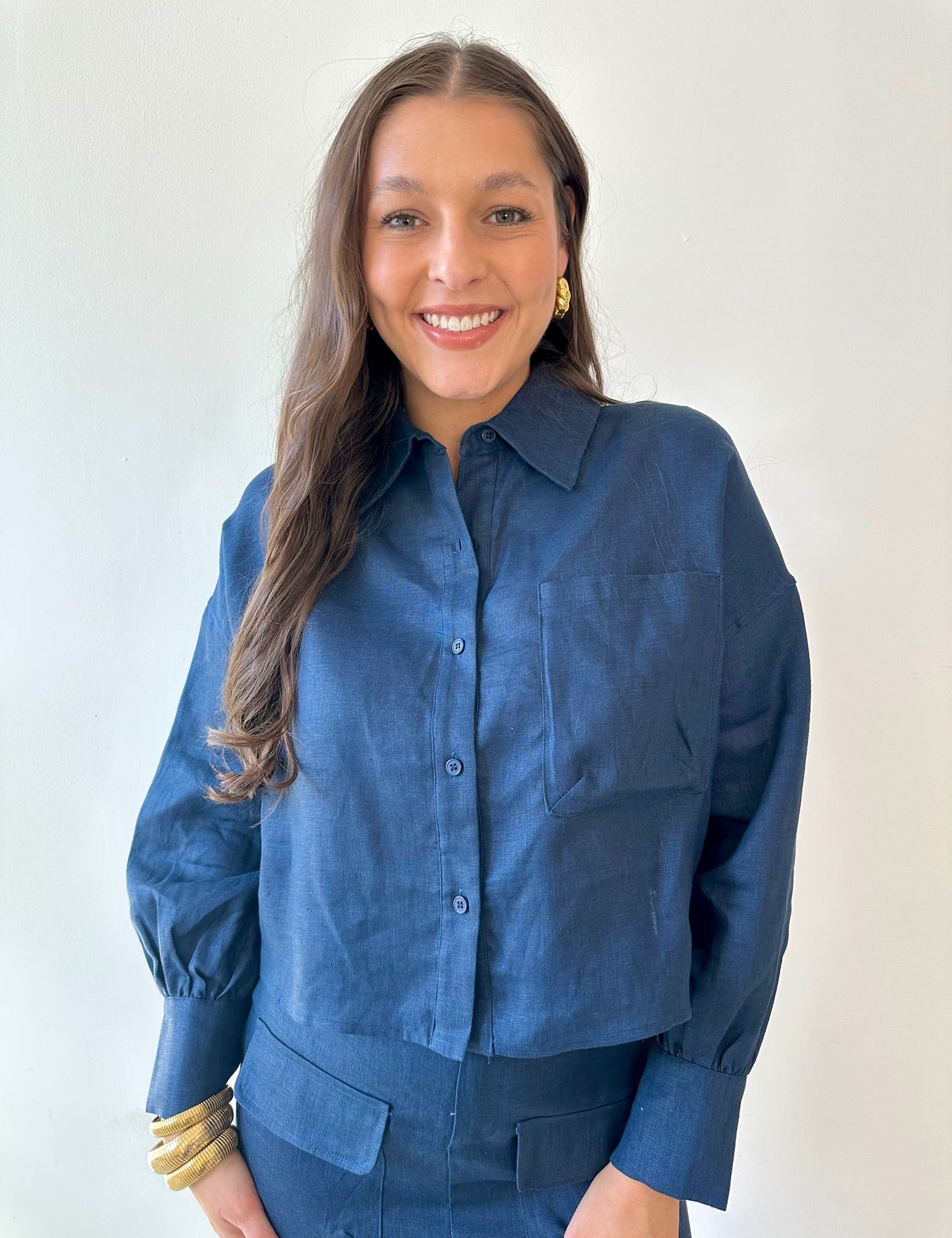 Linen Cropped Shirt - Navy