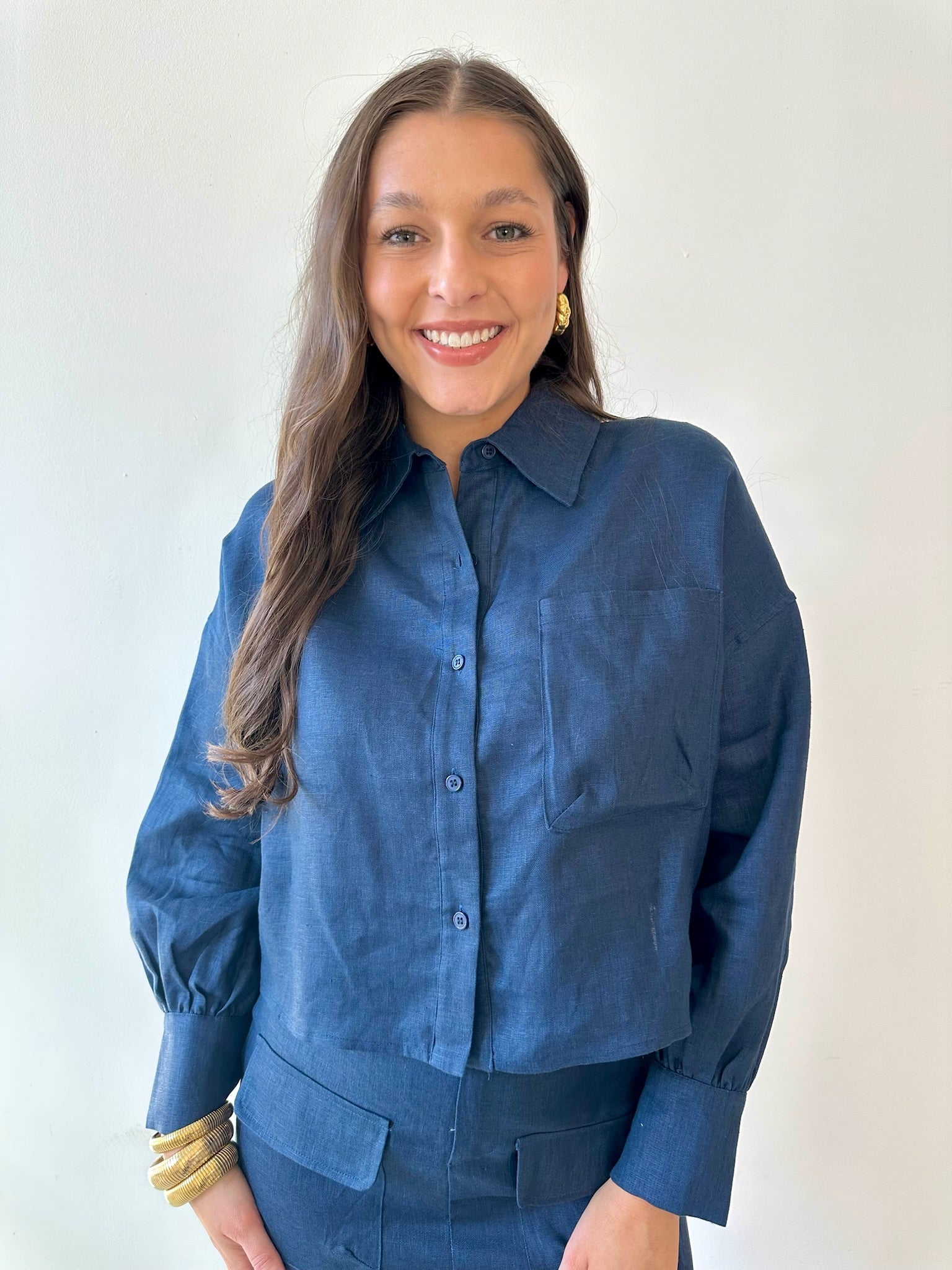 Linen Cropped Shirt - Navy