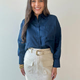 Linen Cropped Shirt - Navy