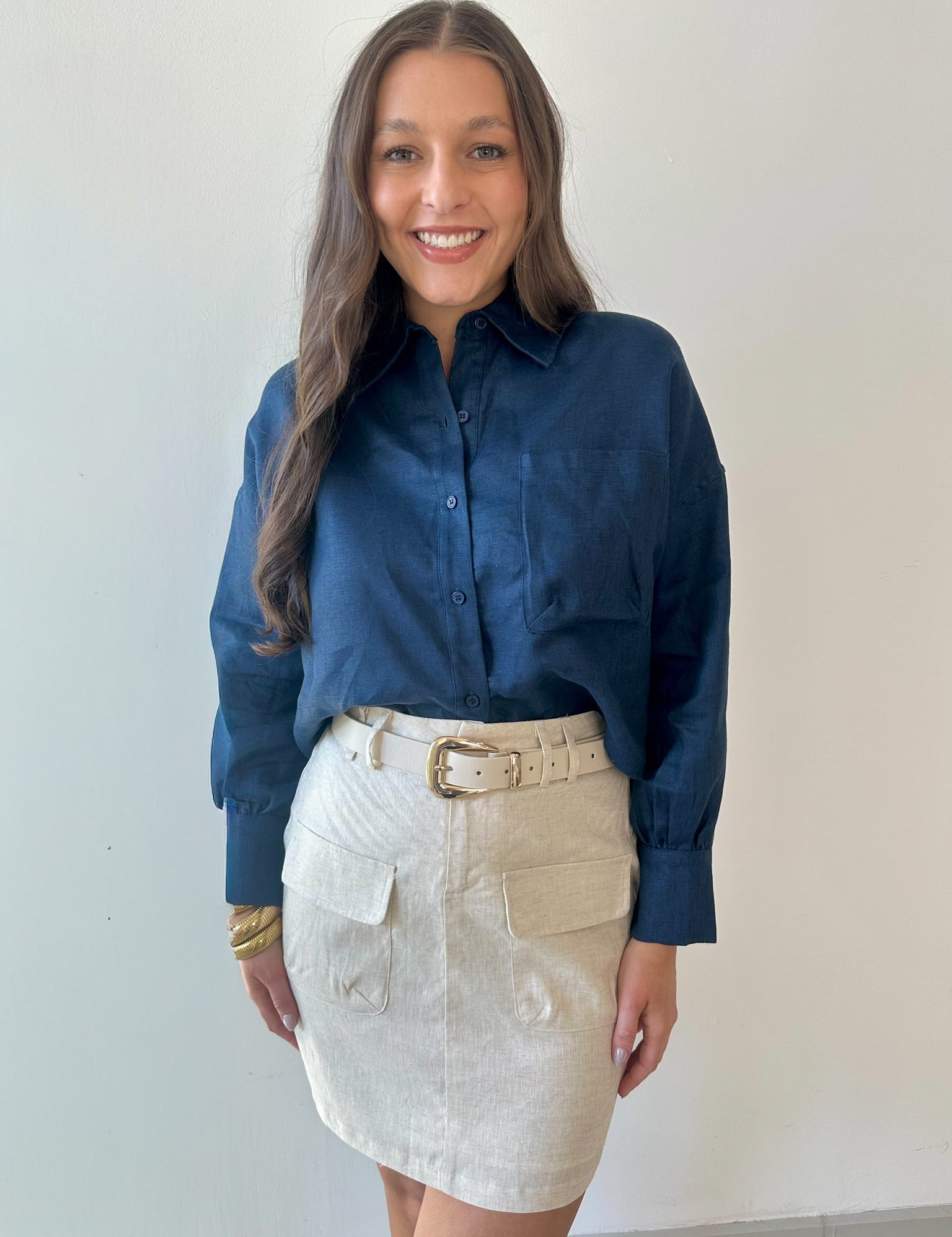 Linen Cropped Shirt - Navy