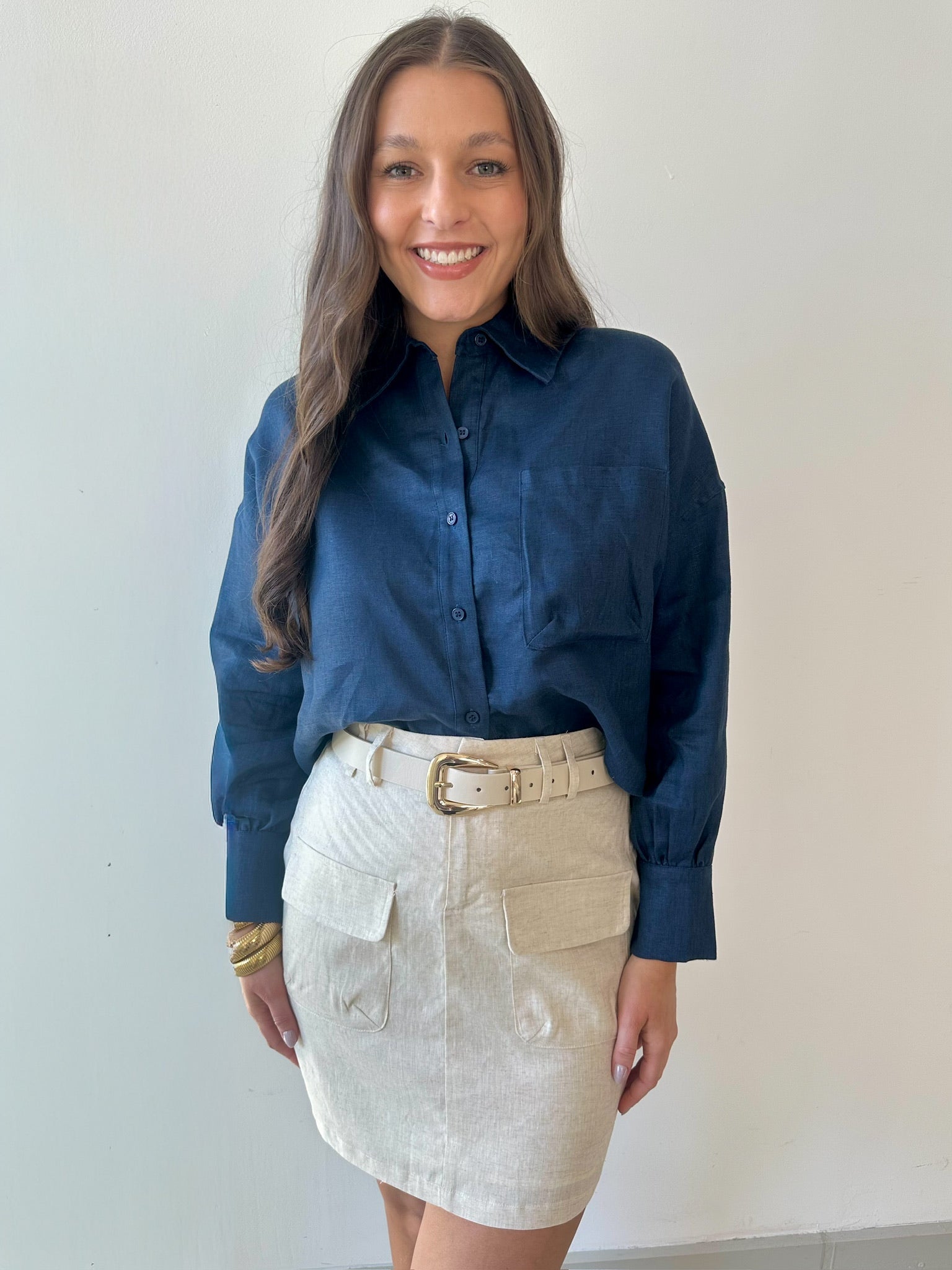 Linen Cropped Shirt - Navy