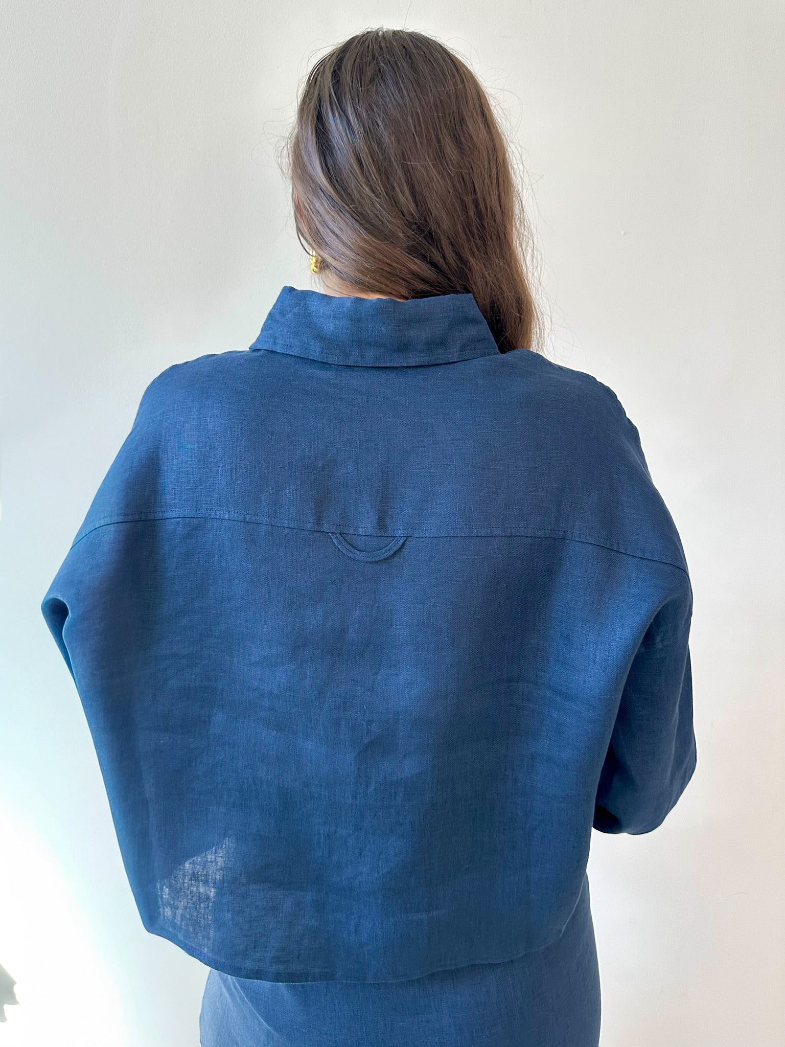 Linen Cropped Shirt - Navy