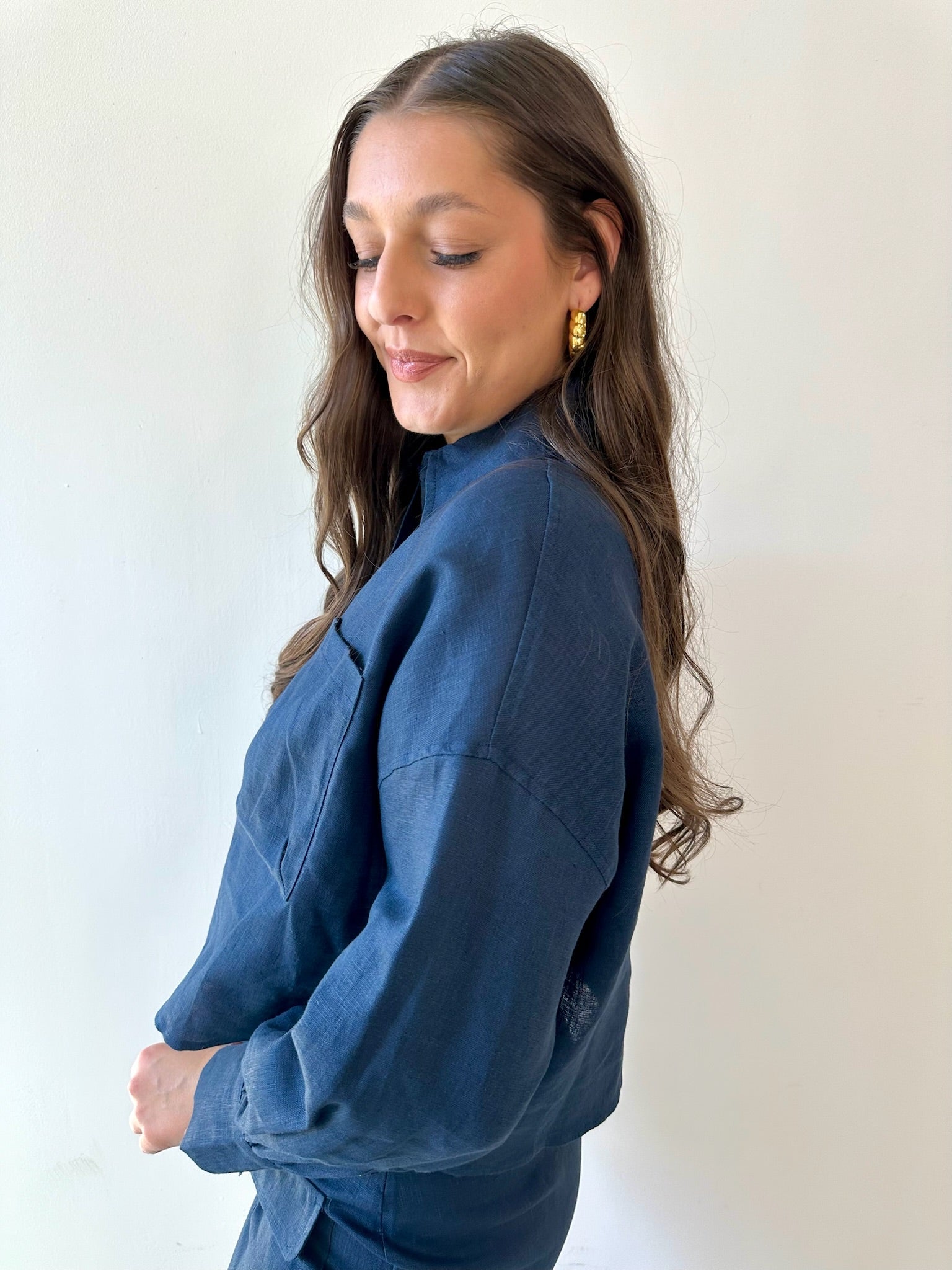 Linen Cropped Shirt - Navy