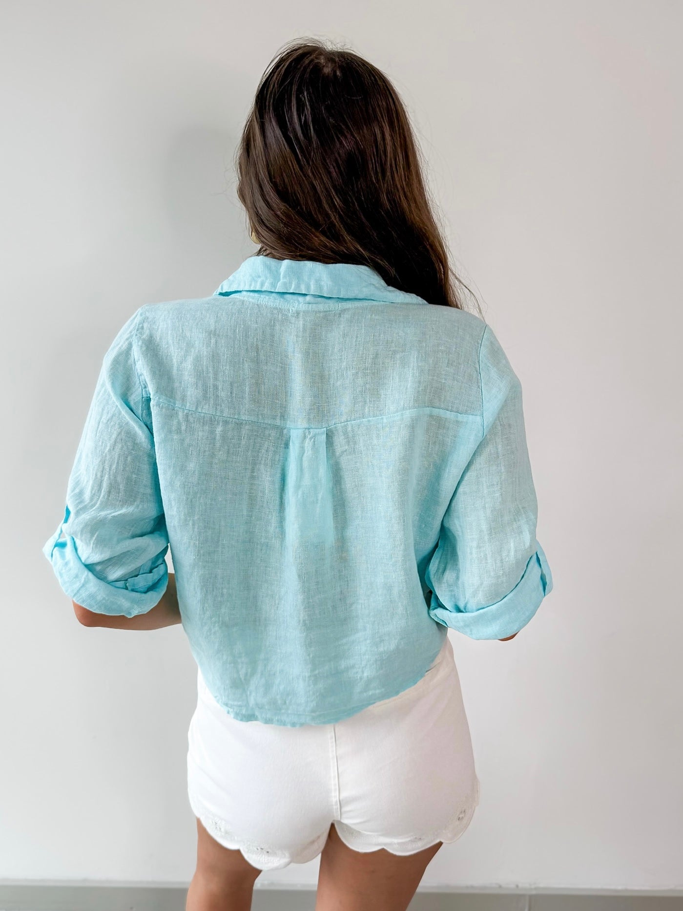 Linen Front Tie Shirt - Aqua
