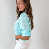 Linen Front Tie Shirt - Aqua