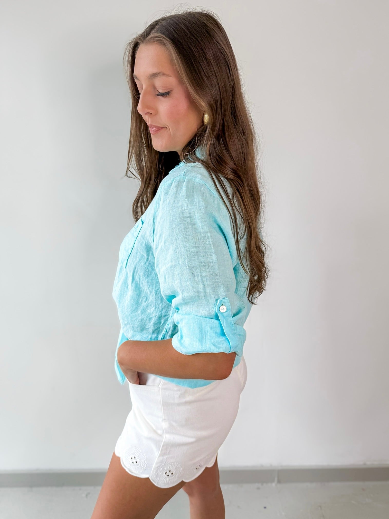 Linen Front Tie Shirt - Aqua