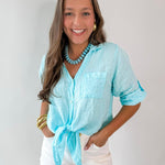 Linen Front Tie Shirt - Aqua
