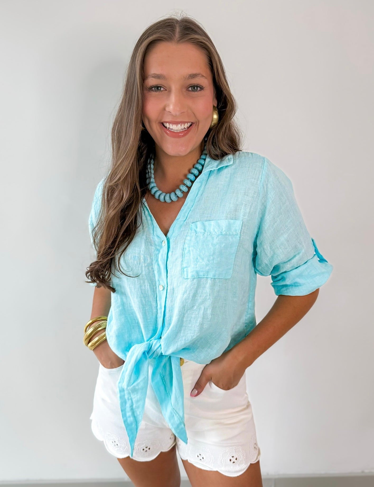 Linen Front Tie Shirt - Aqua