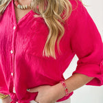 Linen Front Tie Shirt - Raspberry