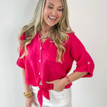Linen Front Tie Shirt - Raspberry
