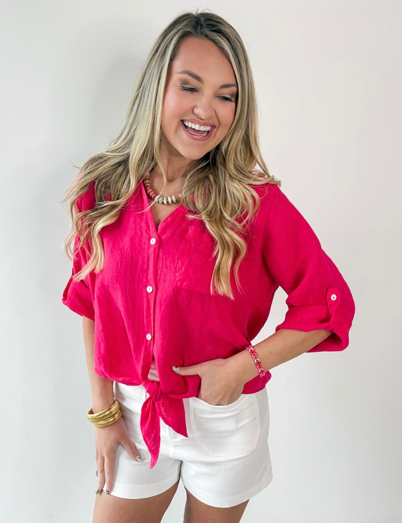 Linen Front Tie Shirt - Raspberry