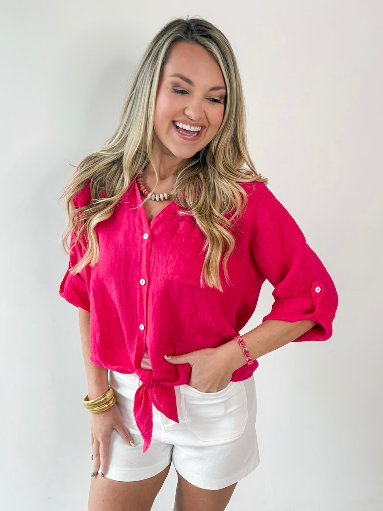 Linen Front Tie Shirt - Raspberry