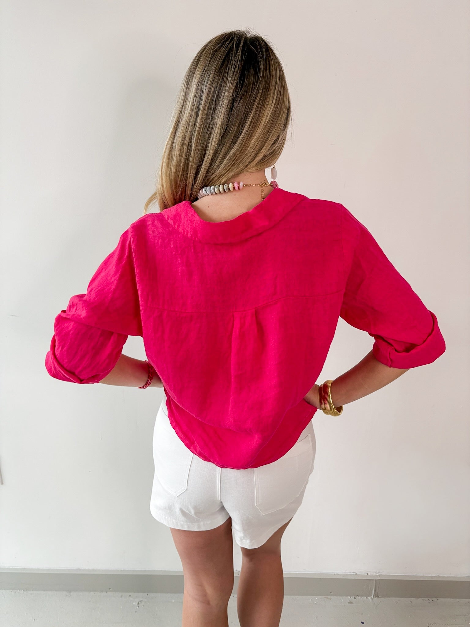 Linen Front Tie Shirt - Raspberry