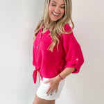 Linen Front Tie Shirt - Raspberry