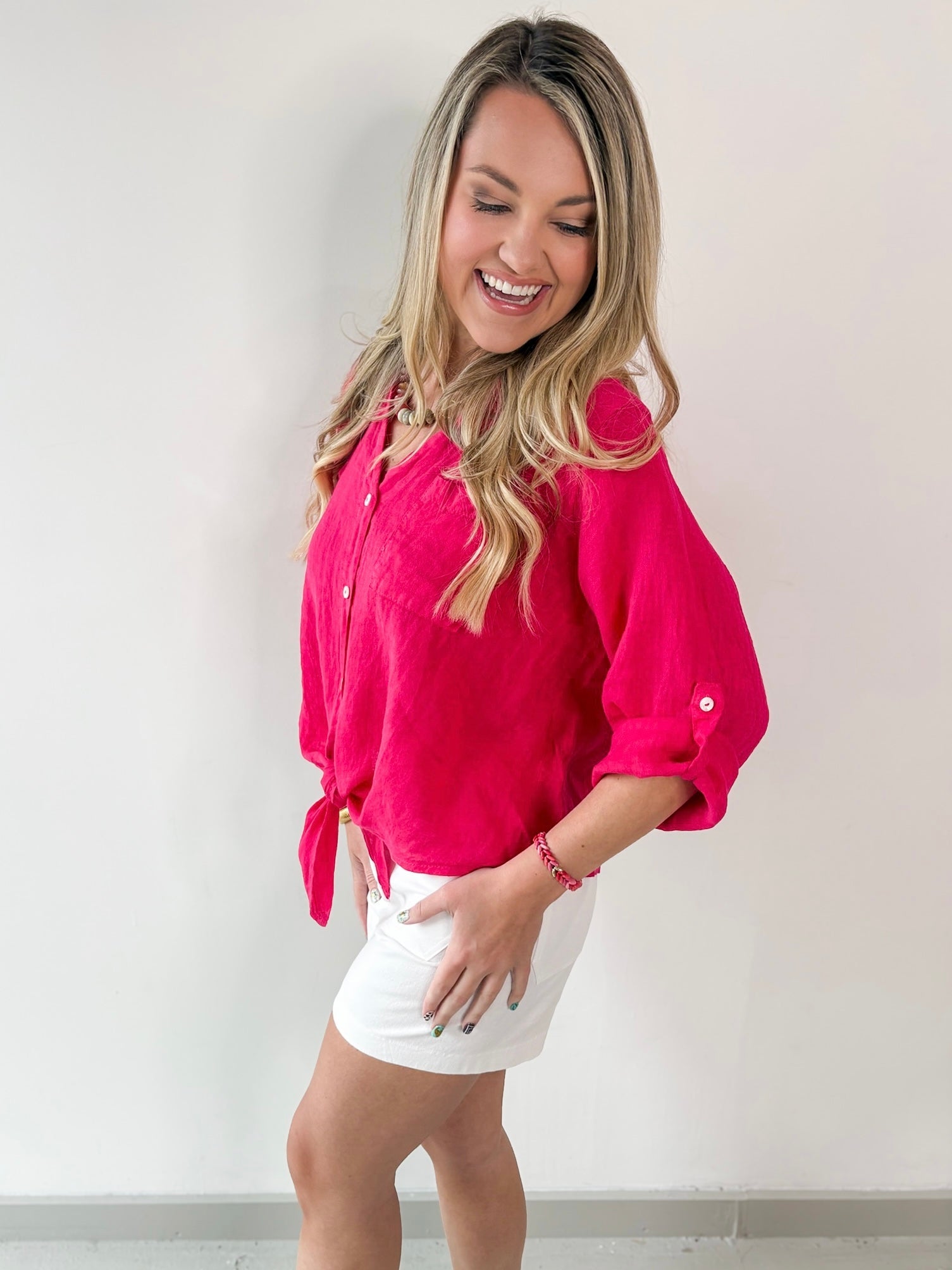 Linen Front Tie Shirt - Raspberry