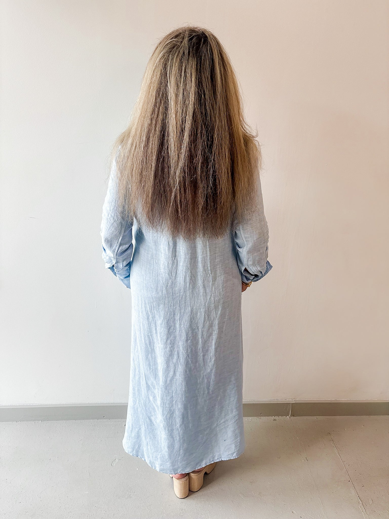 Linen Long Sleeved Maxi Dress - Blue