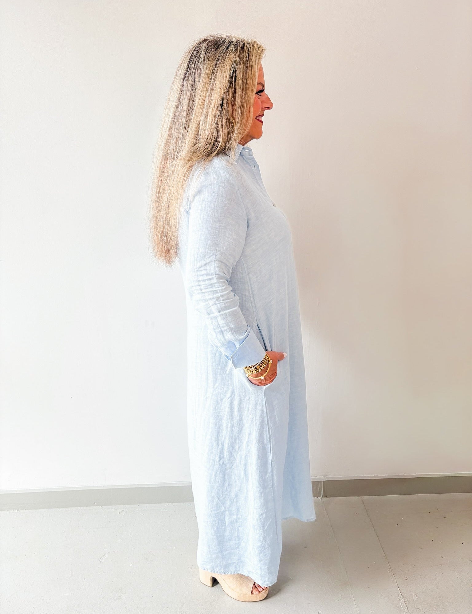 Linen Long Sleeved Maxi Dress - Blue
