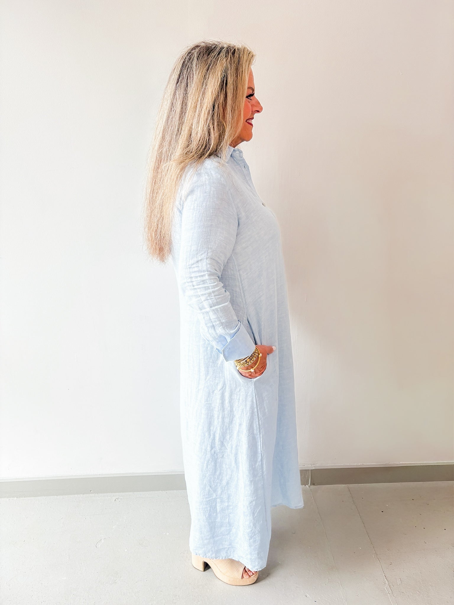 Linen Long Sleeved Maxi Dress - Blue