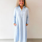 Linen Long Sleeved Maxi Dress - Blue