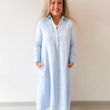 Linen Long Sleeved Maxi Dress - Blue