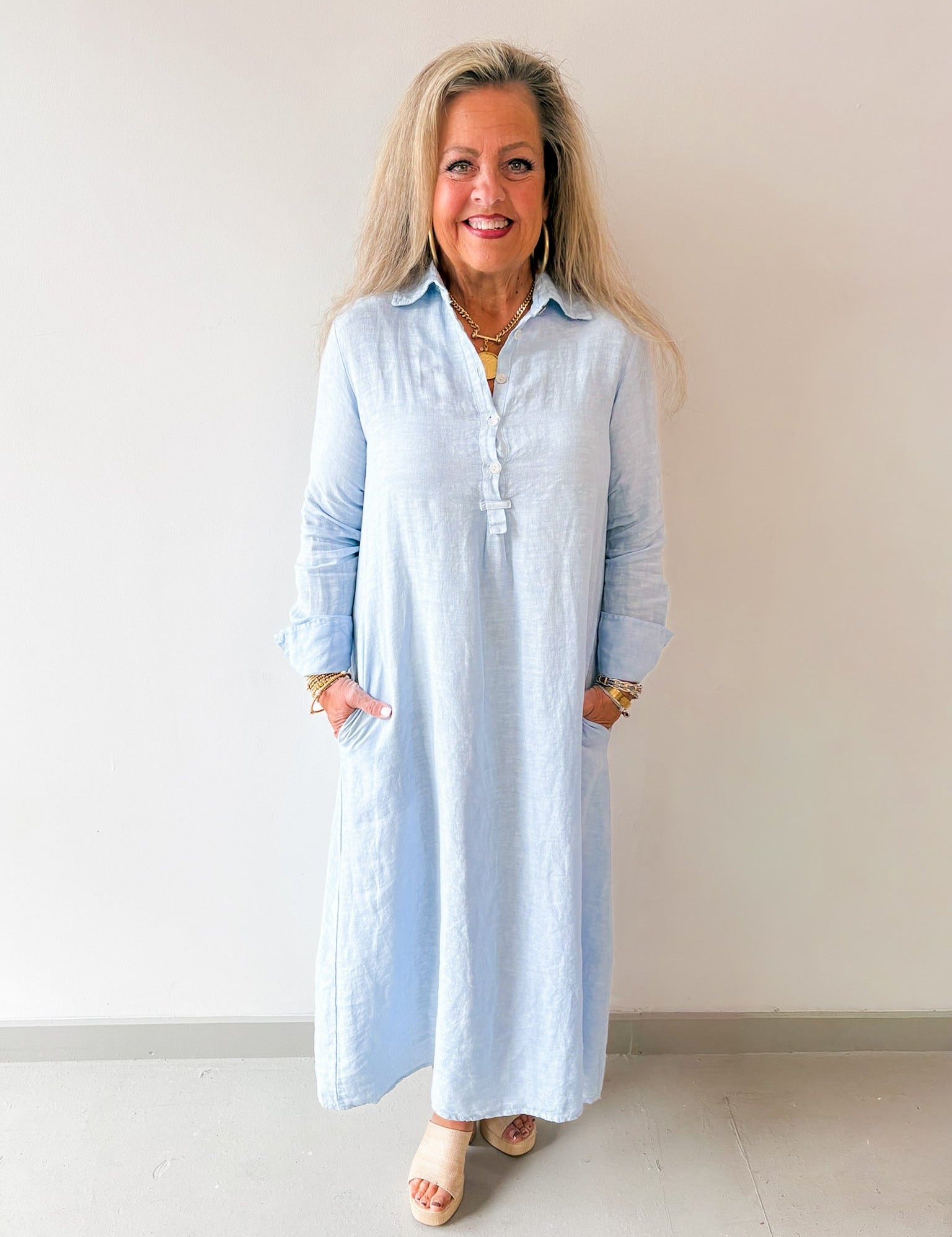 Linen Long Sleeved Maxi Dress - Blue