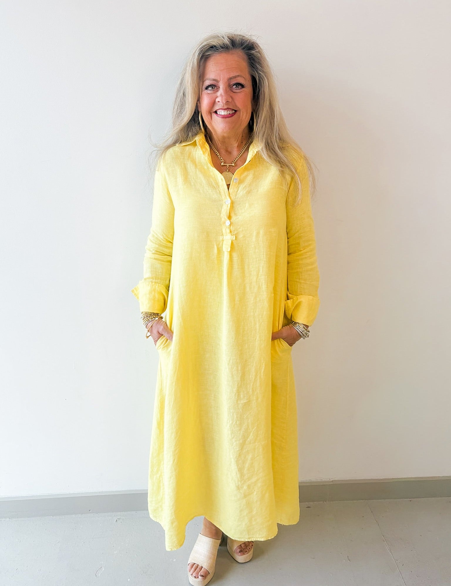 Linen Long Sleeved Maxi Dress - Yellow