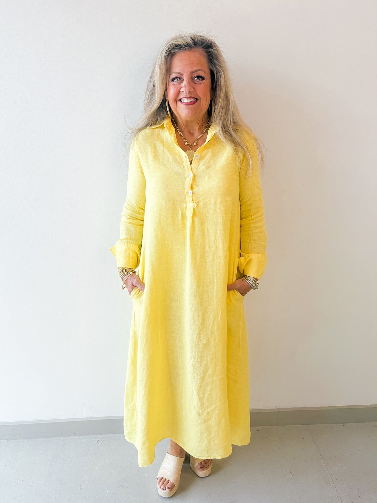 Linen Long Sleeved Maxi Dress - Yellow