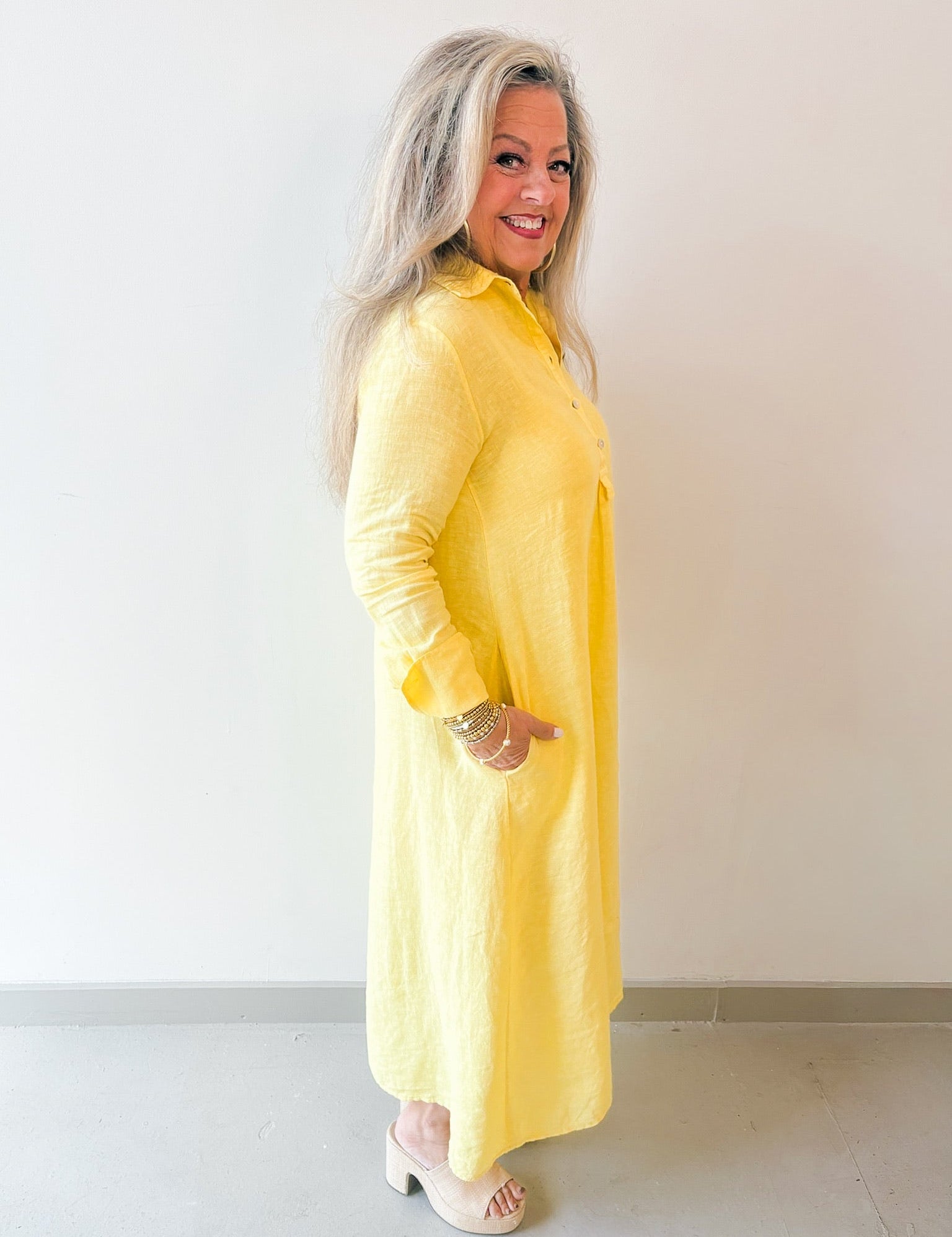 Linen Long Sleeved Maxi Dress - Yellow