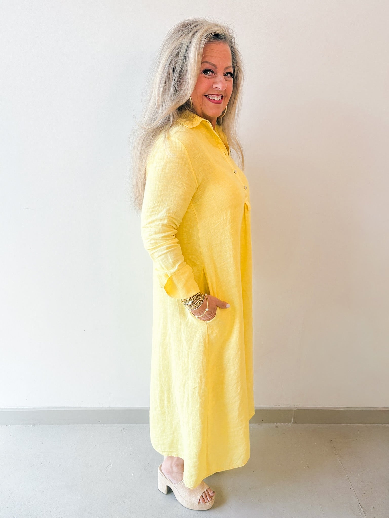 Linen Long Sleeved Maxi Dress - Yellow