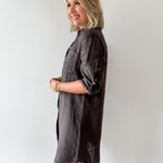 Linen Roll Tab Button Shirt Dress - Brown