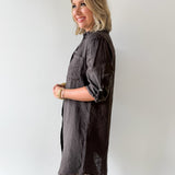 Linen Roll Tab Button Shirt Dress - Brown