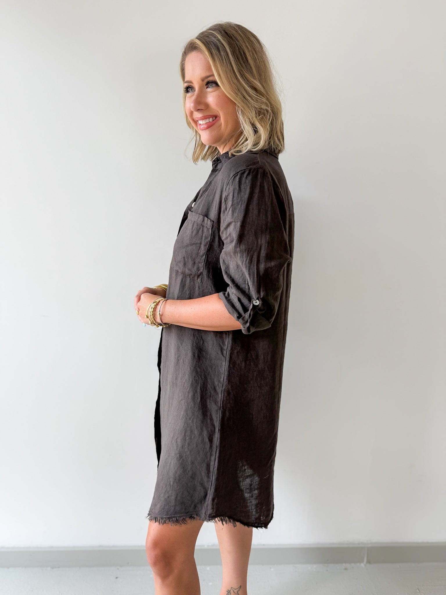 Linen Roll Tab Button Shirt Dress - Brown