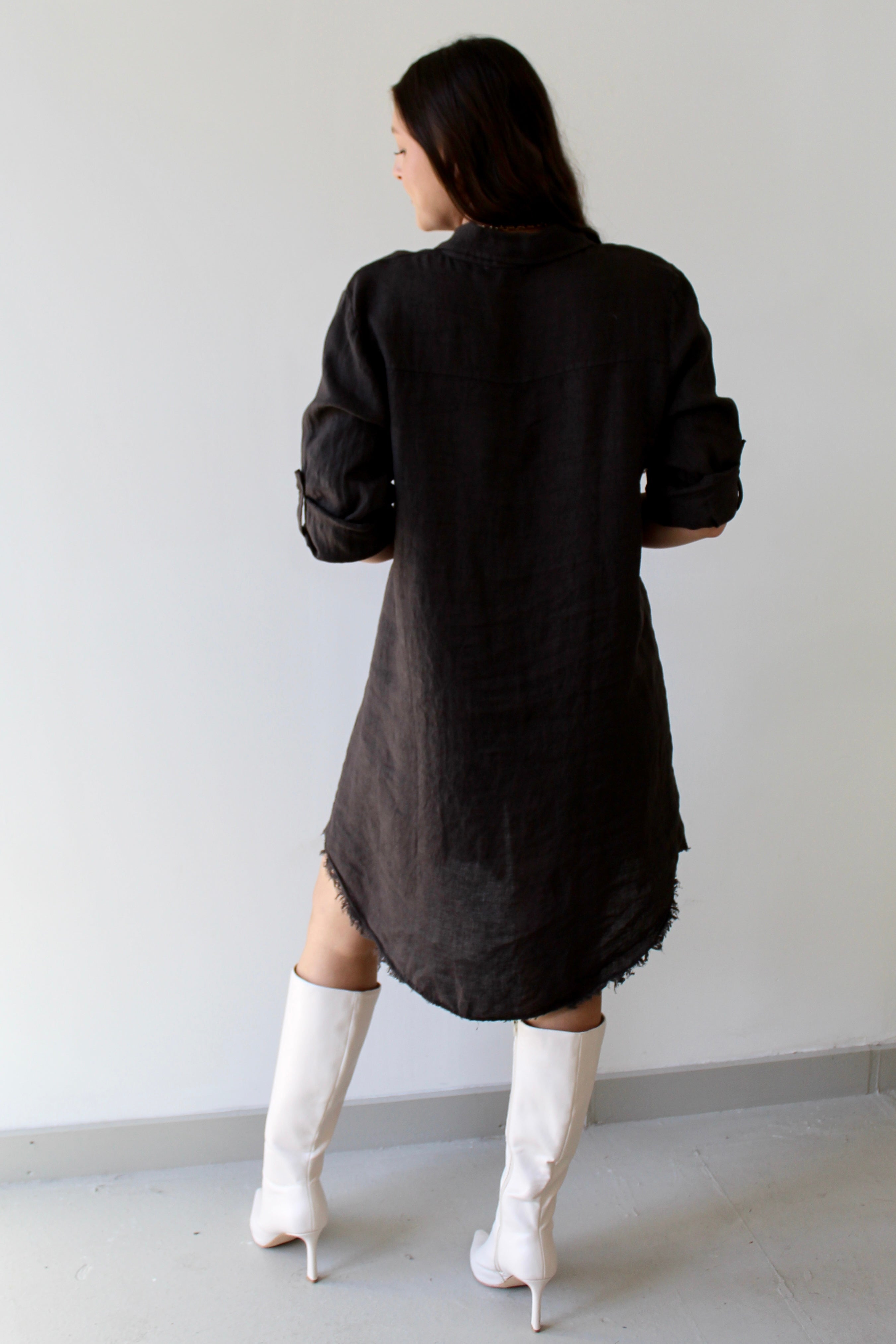 Linen Roll Tab Button Shirt Dress - Brown