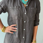Linen Roll Tab Button Shirt Dress - Brown