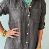 Linen Roll Tab Button Shirt Dress - Brown