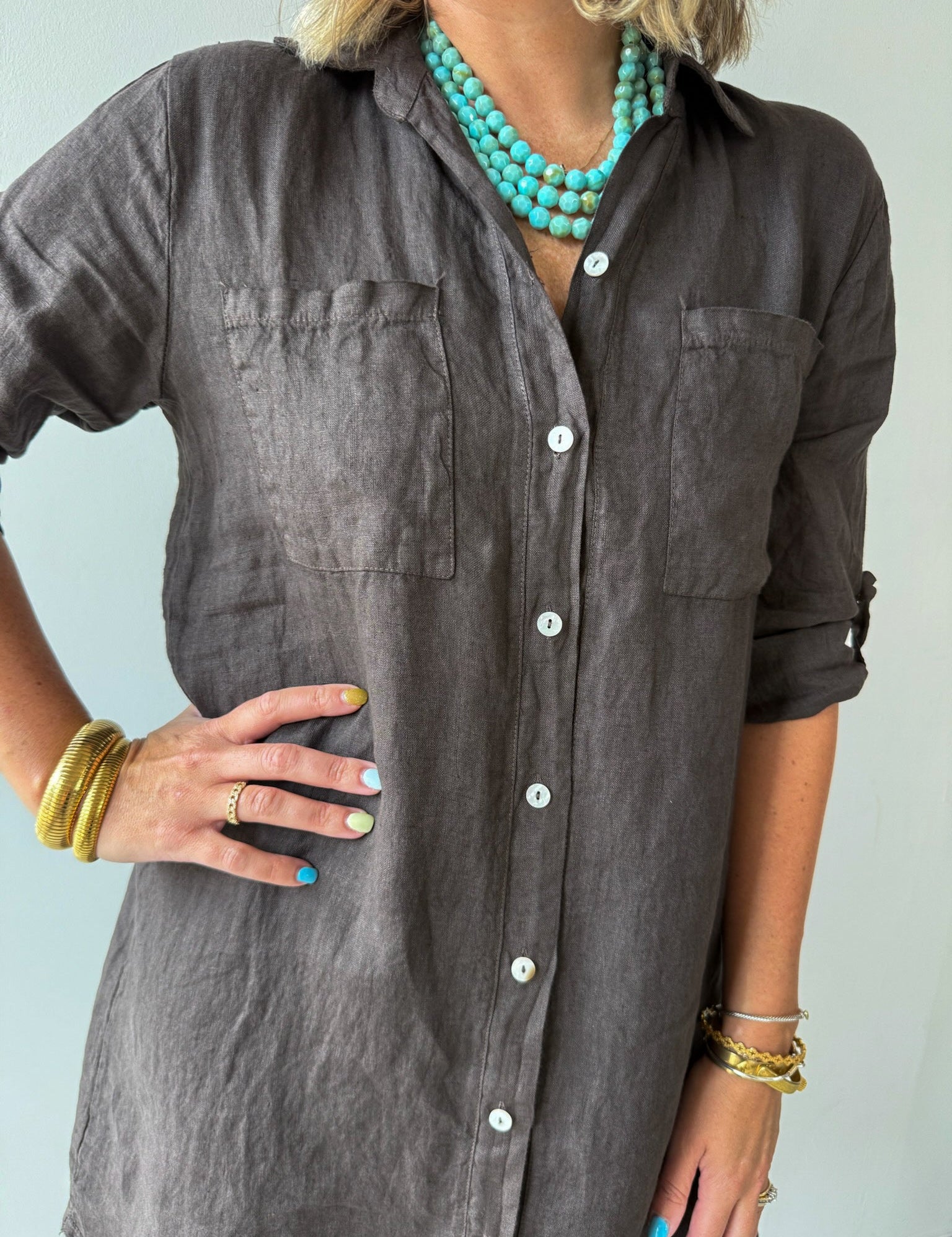 Linen Roll Tab Button Shirt Dress - Brown