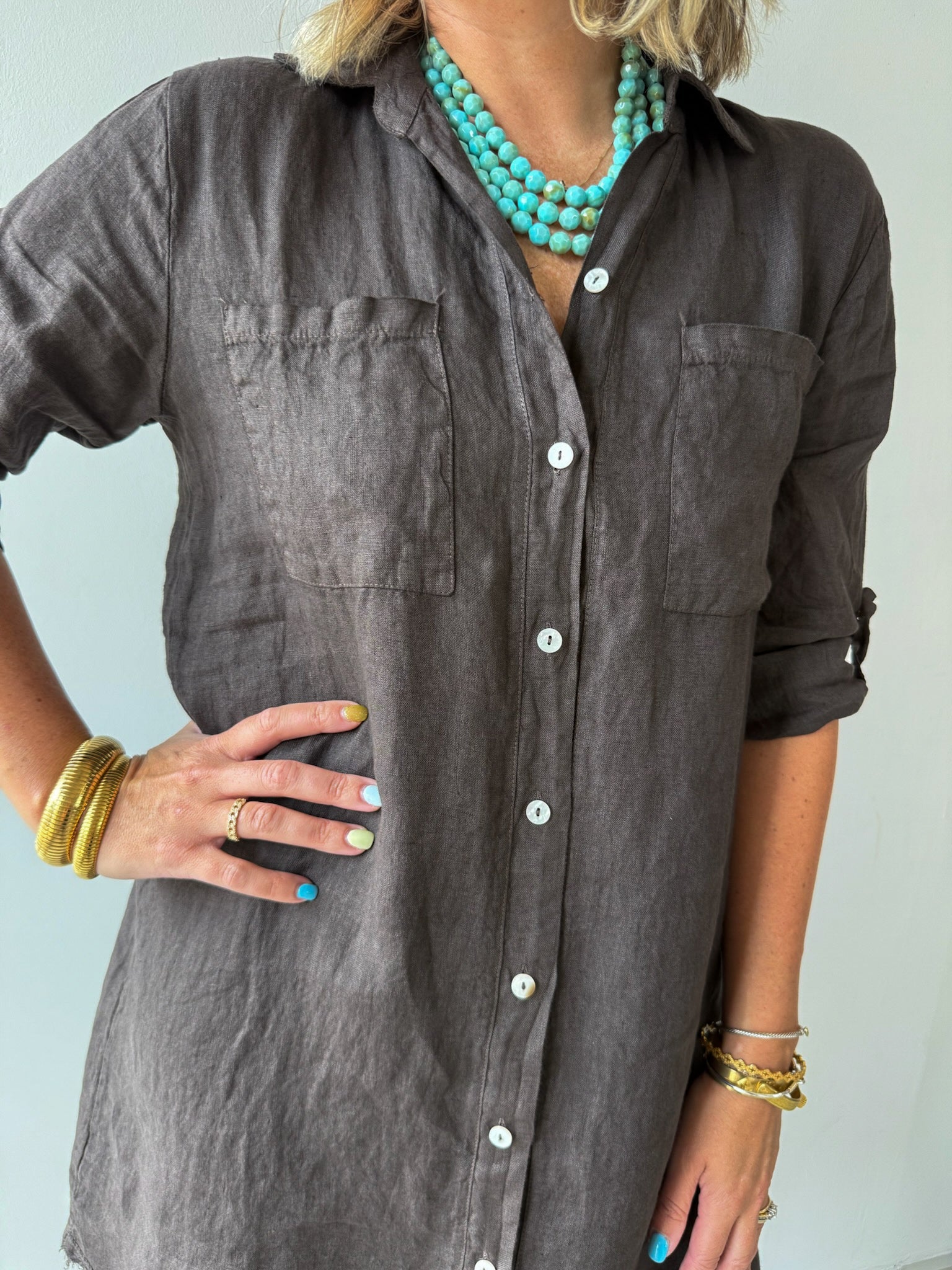Linen Roll Tab Button Shirt Dress - Brown